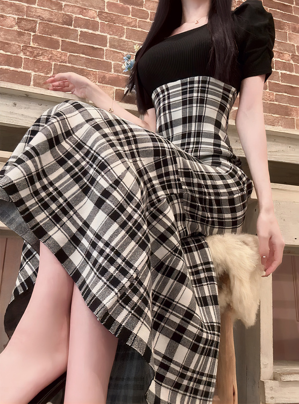 チェック柄切替マーメイドニットワンピース[kz632] | レディース