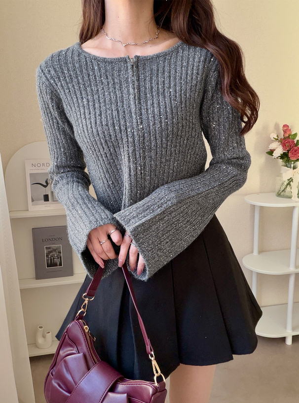 スパンコールダブルジップショート丈ニットトップス[kz633