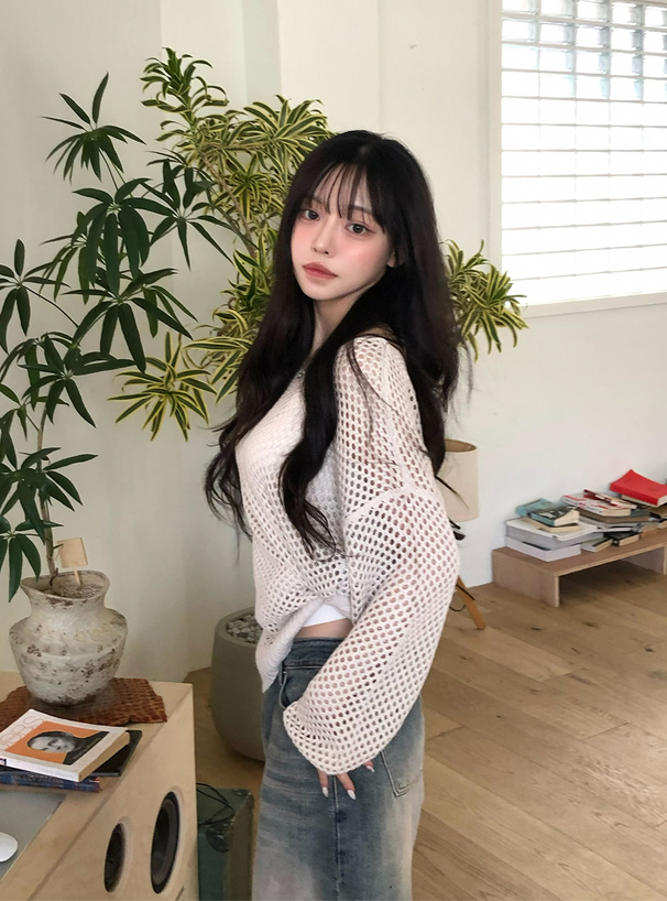 透かし編みサイドスリットビッグニットトップス[kz79] | レディース