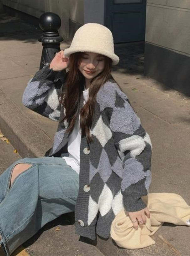 ダイヤ柄Vネックニットカーディガン[kz142] | レディースファッション