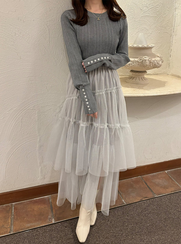 袖ボタンランダムリブニットトップス[kz233] | レディースファッション