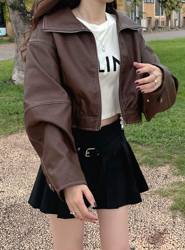 襟2Way配色ステッチダブルジップレザーブルゾン[on258] | レディース