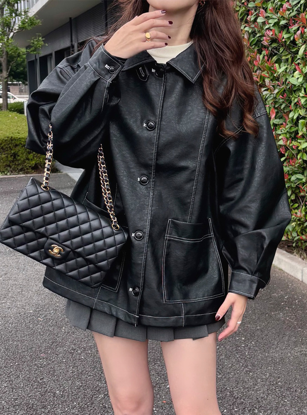 襟2Way配色ステッチレザールーズブルゾン[on259] | レディース