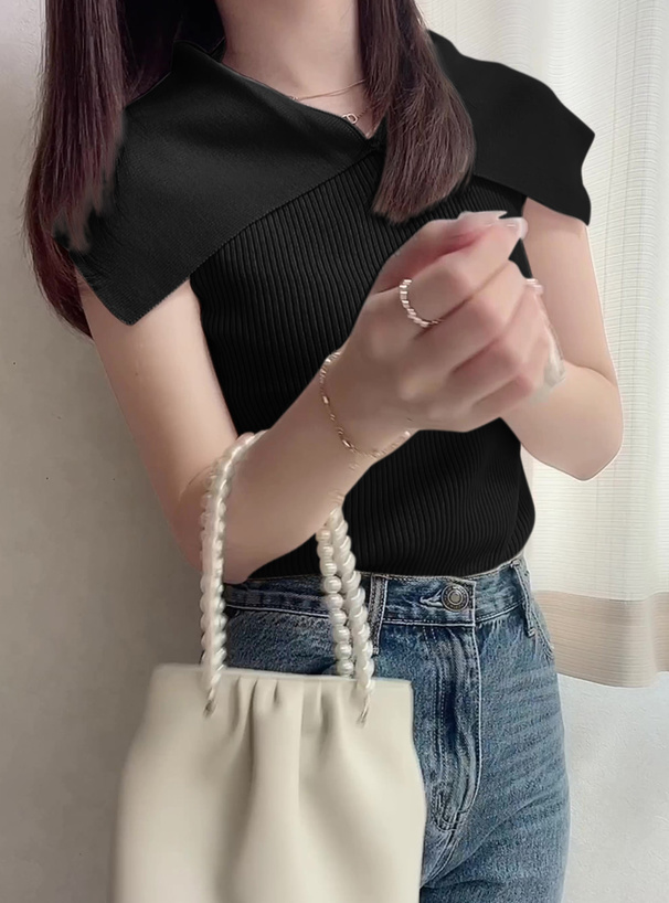 ビッグカラーノースリーブショート丈ニットトップス[mb1496