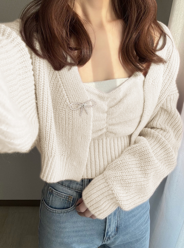 リボンブローチ付きカーディガン×ビスチェニットアンサンブル[mb1576