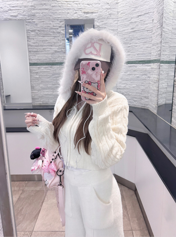 ファーフードダブルジップケーブルニットカーディガン[mb1601