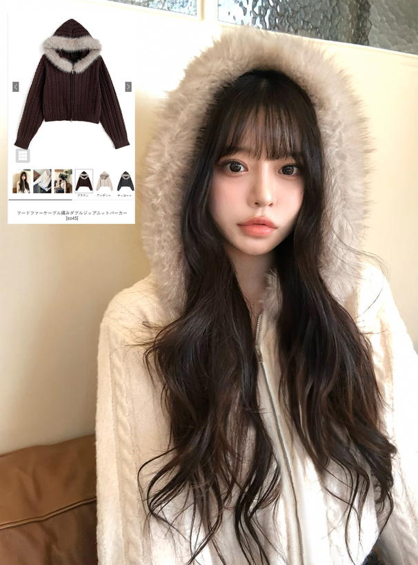 ファーフードケーブル編みダブルジップニットパーカー[so45