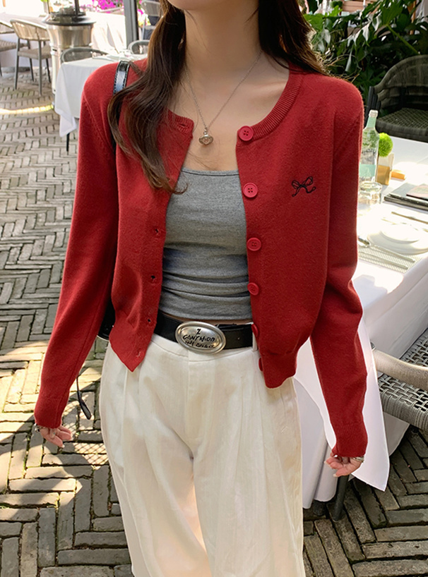 リボン刺繍ショート丈ニットカーディガン[sd053] | レディース