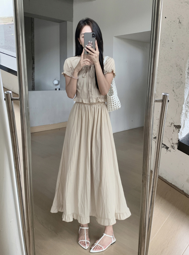 リボンフリルブラウス×フレアロングスカートセットアップ[sd138