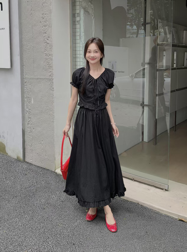 リボンフリルブラウス×フレアロングスカートセットアップ[sd138