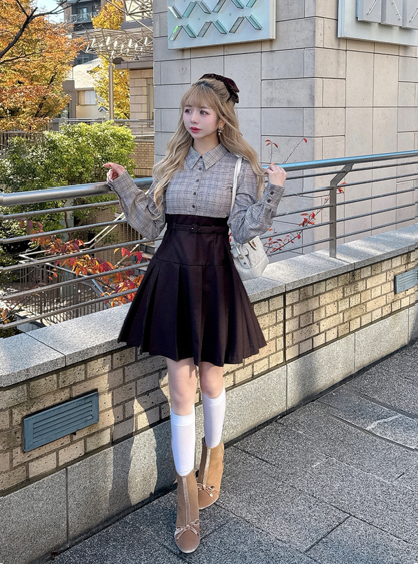 ベルト付きチェック柄ドッキングプリーツミニワンピース[pm790