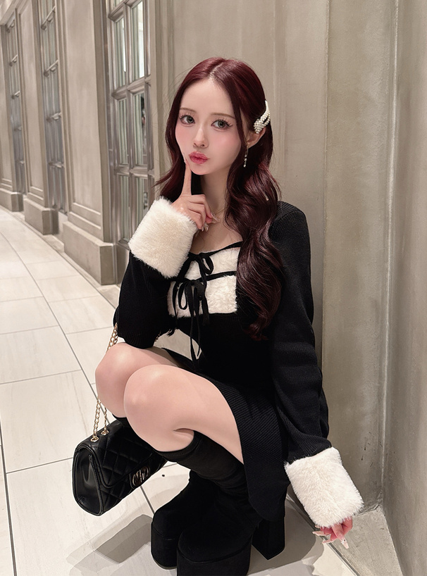 ダブルリボンファーニットミニワンピース[pm846] | レディース