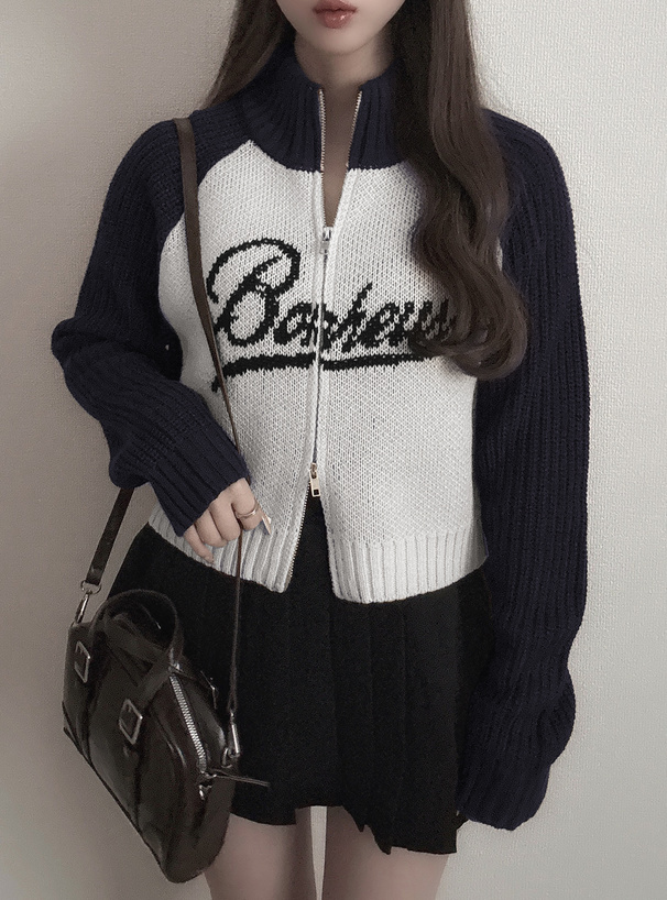 配色ロゴダブルジップショート丈ニットトップス[pa042] | レディース