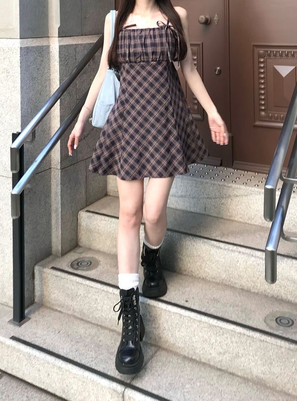 チェック柄ギャザーリボンキャミミニワンピース[pa065] | レディース