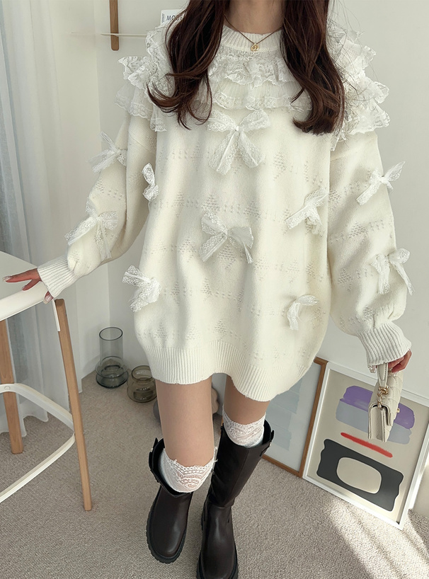レースリボンフリルニットトップス[pa033] | レディースファッション