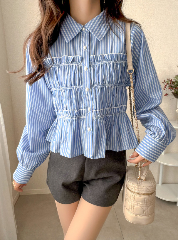 ストライプ柄シャーリングフリルブラウス[pp259] | レディース