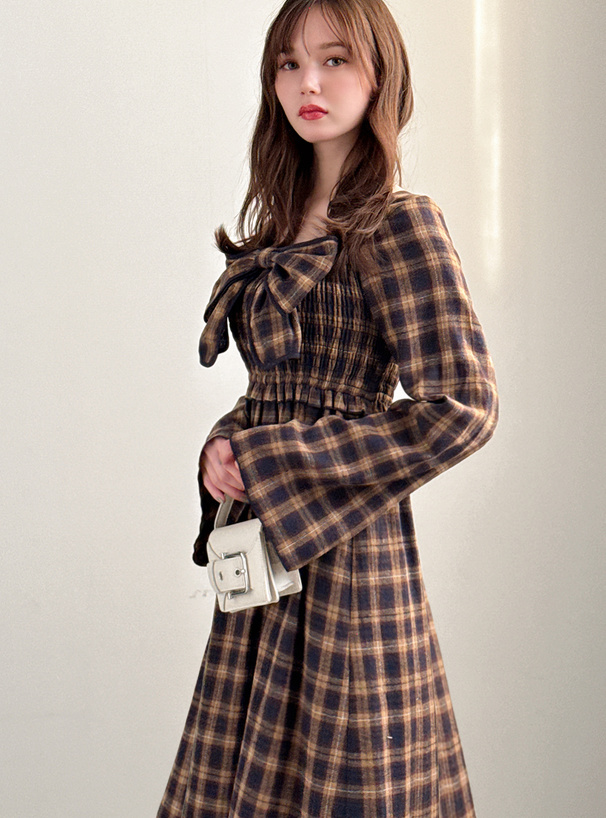 チェック柄リボンフレアロングワンピース[pu44] | レディース