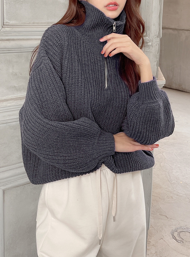 ビッグカラージップボリュームスリーブニットトップス[rut794