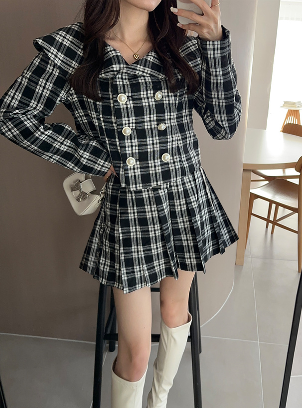 チェック柄ビッグカラージャケット×ミニスカートセットアップ[ta175