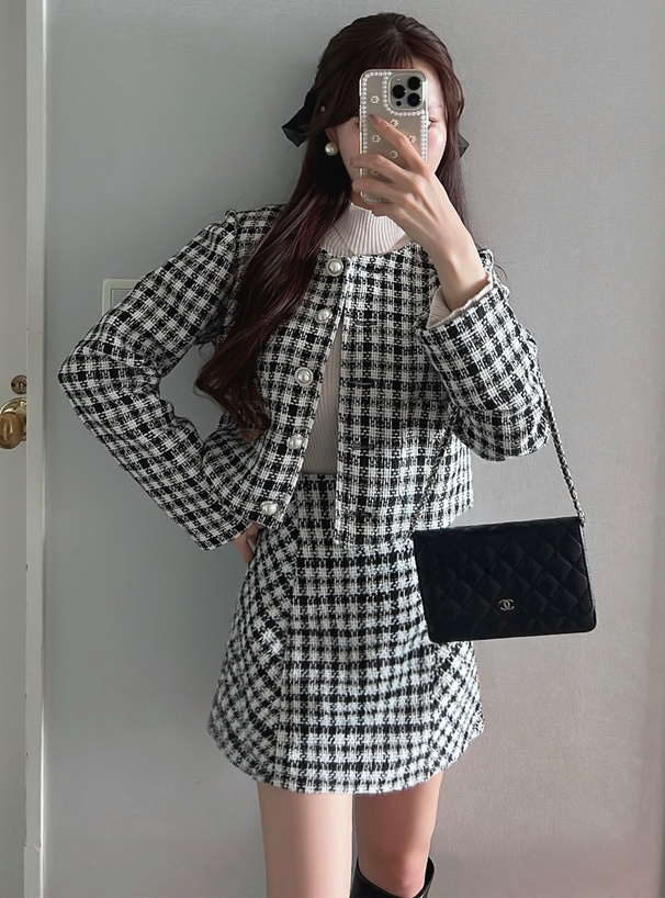 ラメツイードノーカラージャケット×ミニスカートセットアップ[ta197