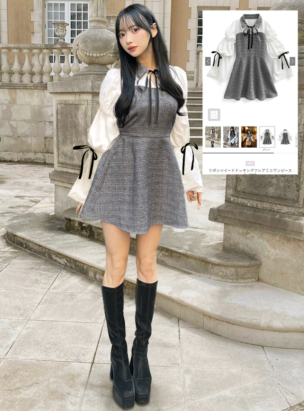 リボンツイードドッキングフレアミニワンピース[tg770] | レディース