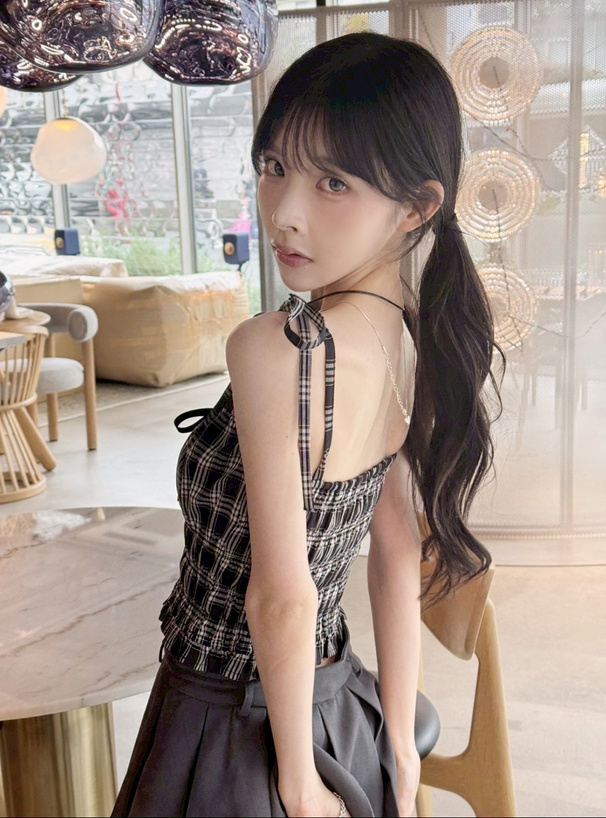 チェック柄リボンストラップシャーリングキャミソール[tg878