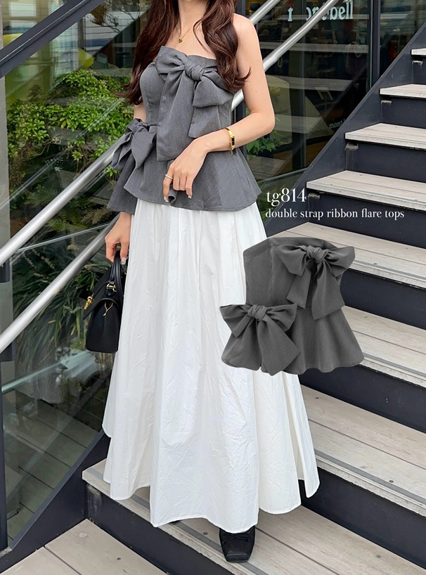 ダブルストラップリボンフレアトップス[tg814] | レディース