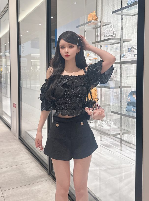 ドット柄オフショルダーフリルトップス[tg832] | レディース