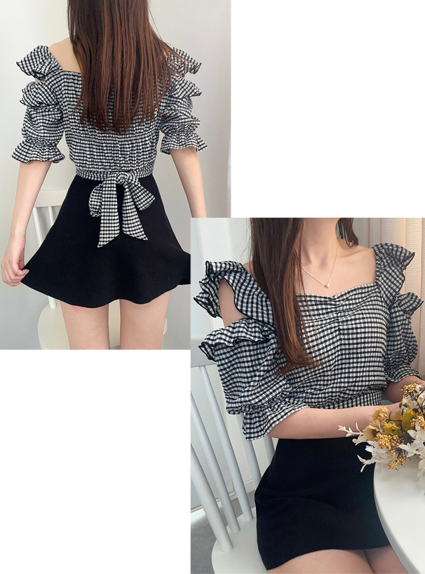 チェック柄バックリボンショルダーオープントップス[tu699