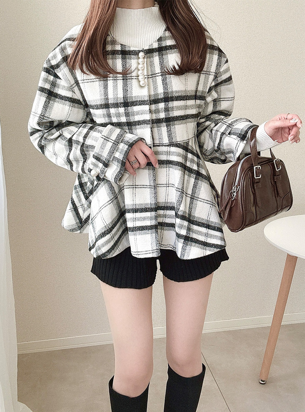 チェック柄パールペプラムショート丈ジャケット[tu1450] | レディース