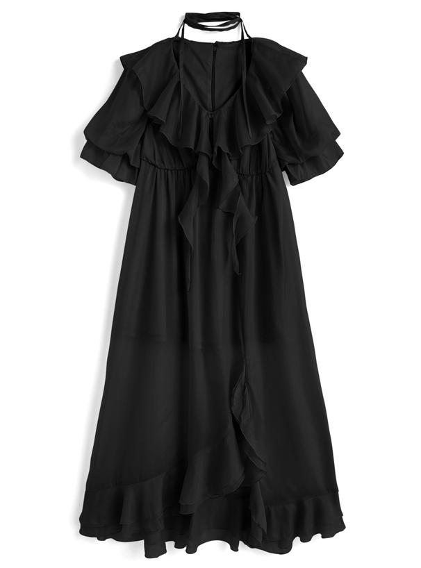 ネックリボンラメシアーフリルスリットワンピース[tu1703