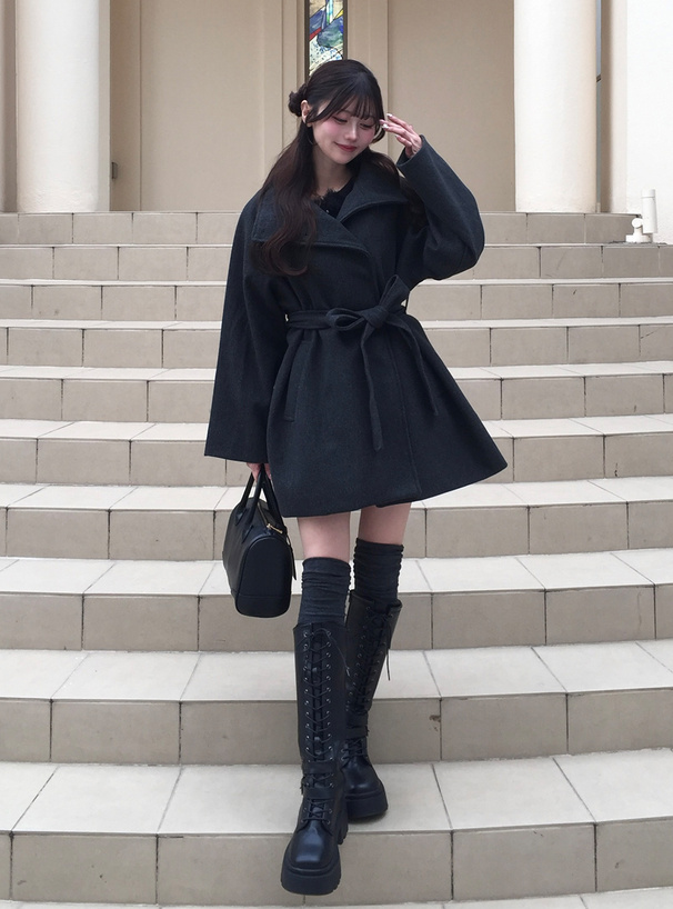 リボンベルト付スタンドカラーコート[ze778] | レディースファッション