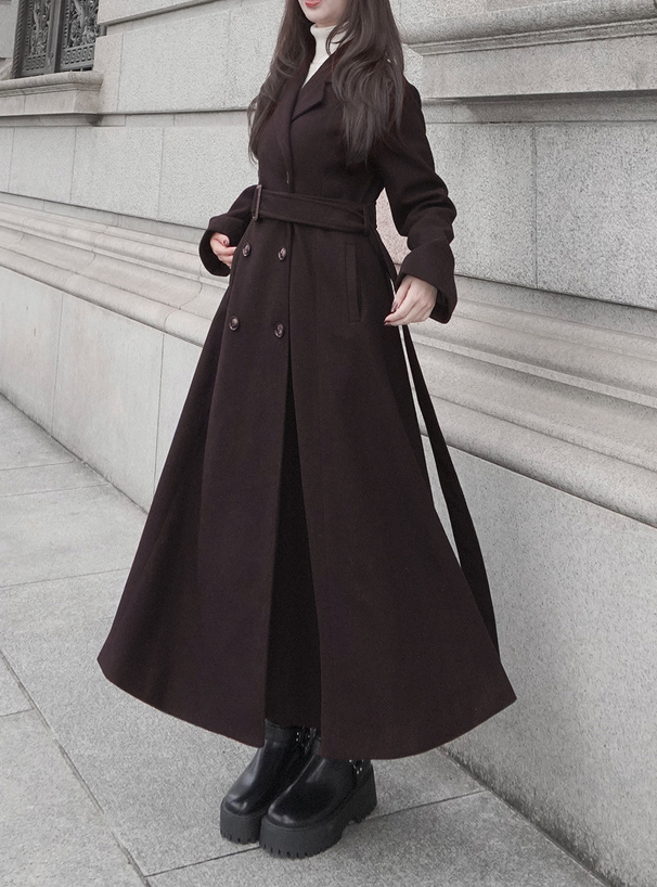 ベルト付きフェイクウールフレアロングコート[ze936] | レディース