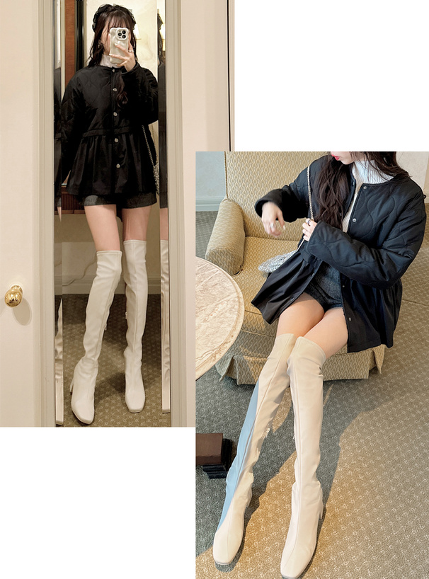 スクエアトゥフレアヒールストレッチレザーニーハイロングブーツ[zr869