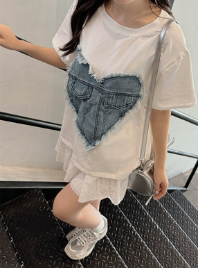 フリンジデニムハート付きTシャツ[pu34] | レディースファッション通販