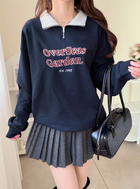 配色カラーハーフジップロゴ刺繍スウェットトップス[ze987