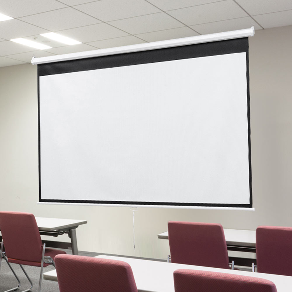 100インチ 吊り下げスクリーン／16:9／ロール式／引き出し収納で省スペース