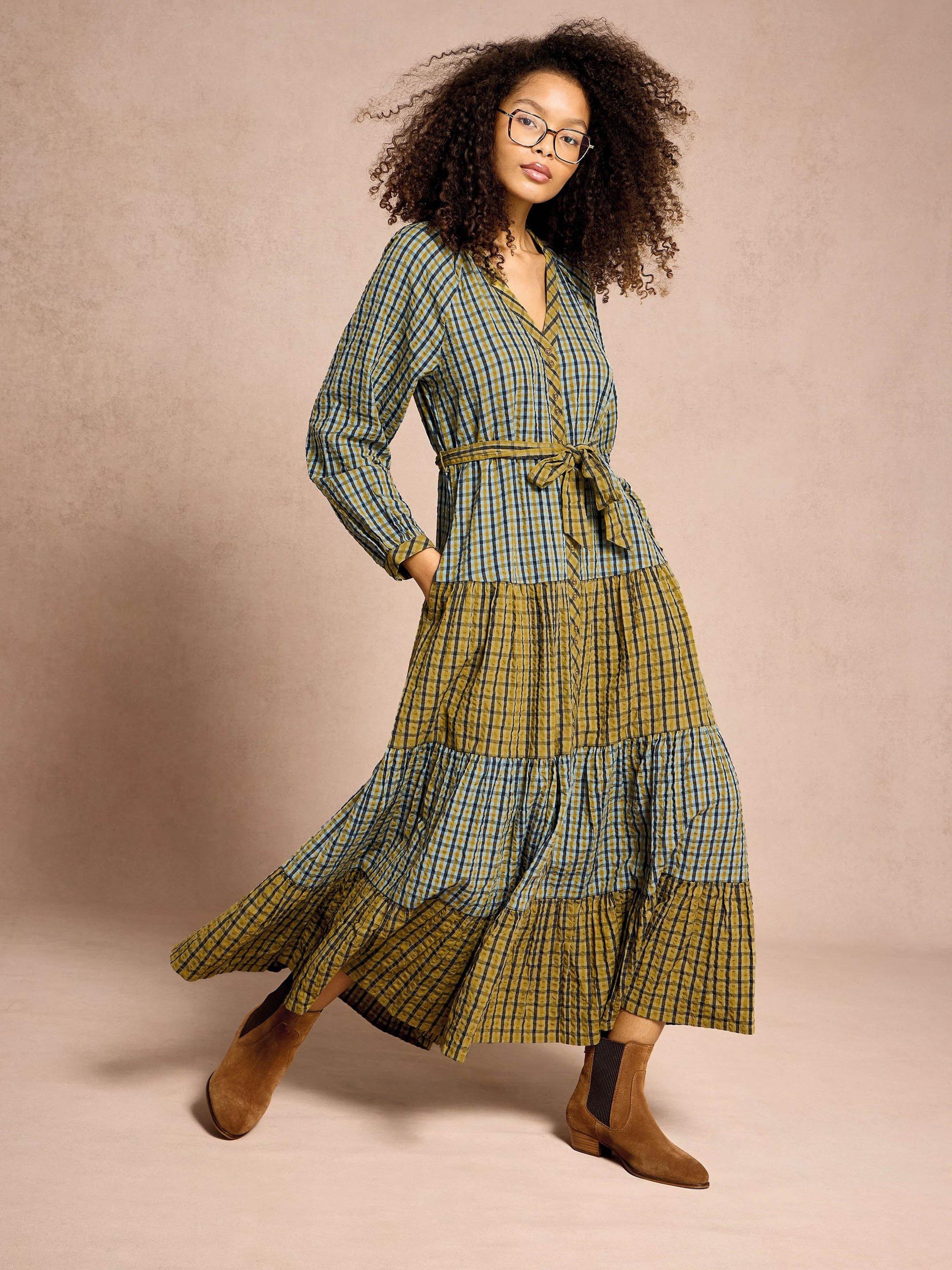 Clementine Check Midi Dress in GREEN MULTI | White Stuff