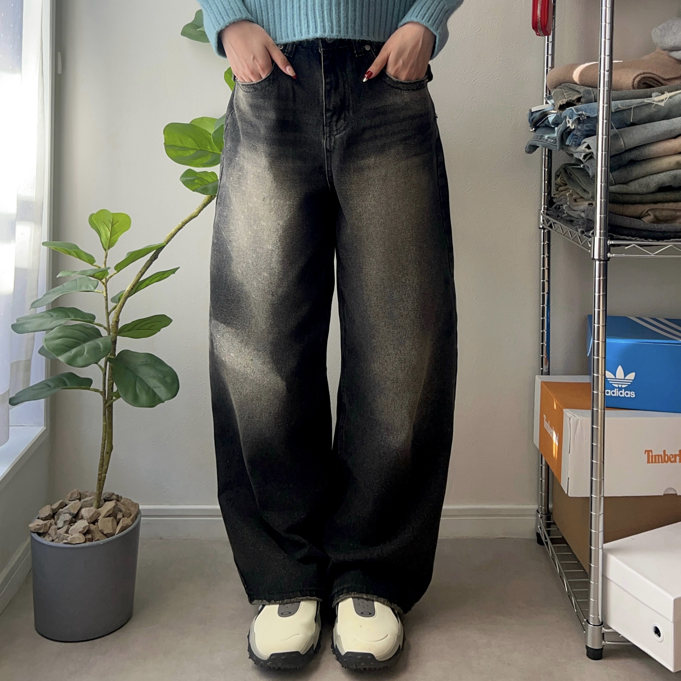 ユニセックス) ヴィンテージウォッシュワイドフィットデニム