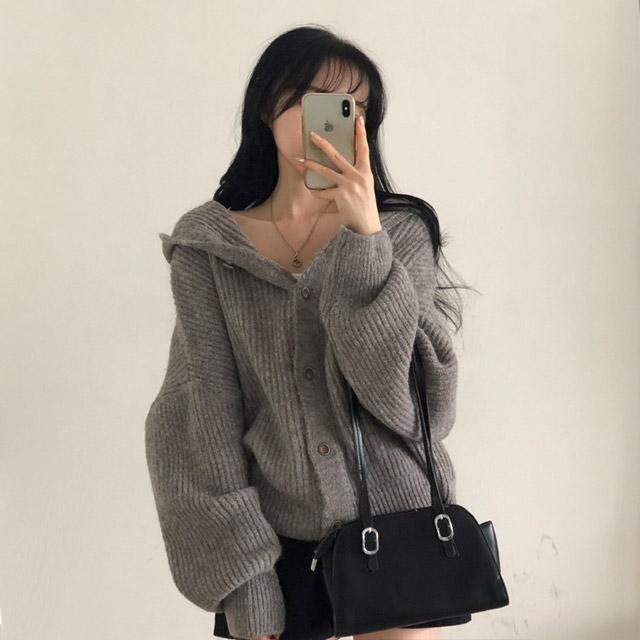 ルーズフィットフード付きニットカーディガン | ファッション通販