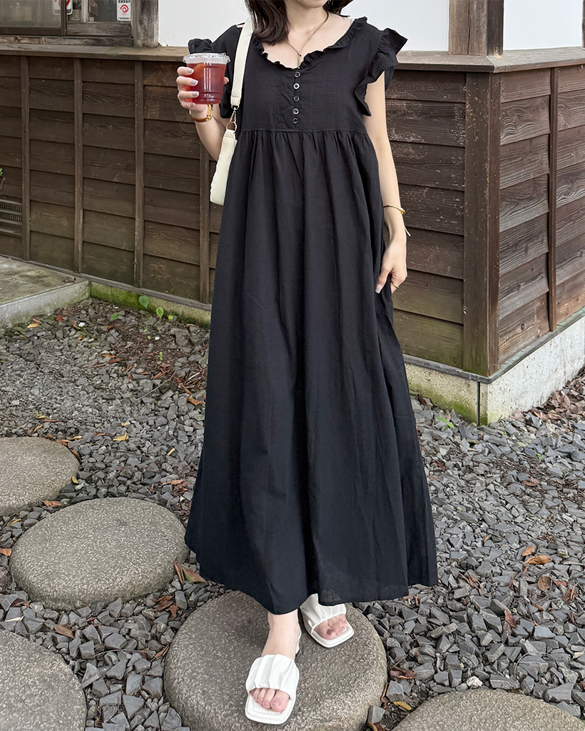 フリルVネックロングワンピース | ファッション通販サイト NUGU