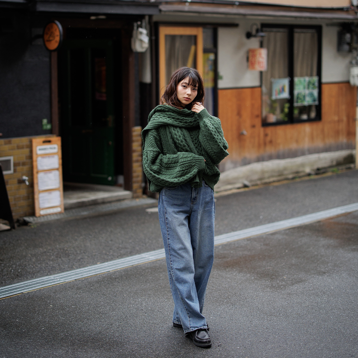 Tamme タム 黒 ケーブルニット風 ロングマフラー Tamme タム 黒