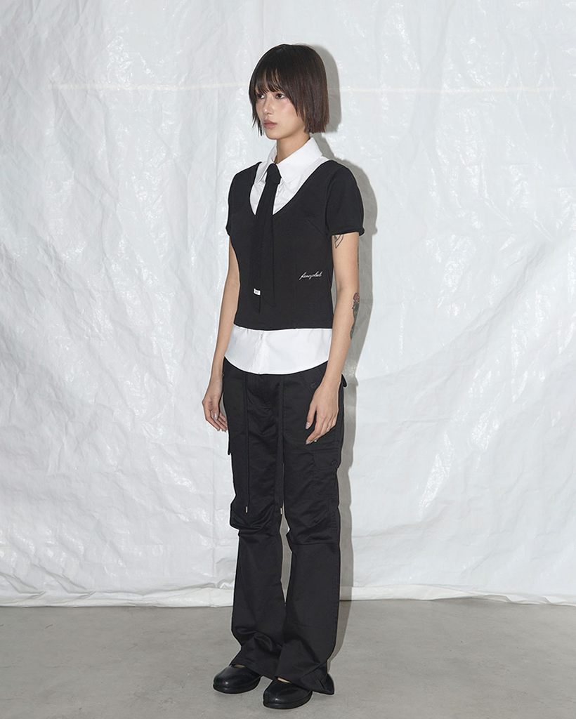 K-POPアイドル着用] Preppy Ribbon Tie Shirt (Black) F25QB086