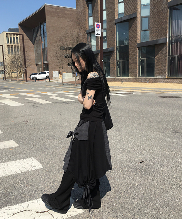 ハイクオリティー] 裾ギャザーリボンチェックレイヤードスカート