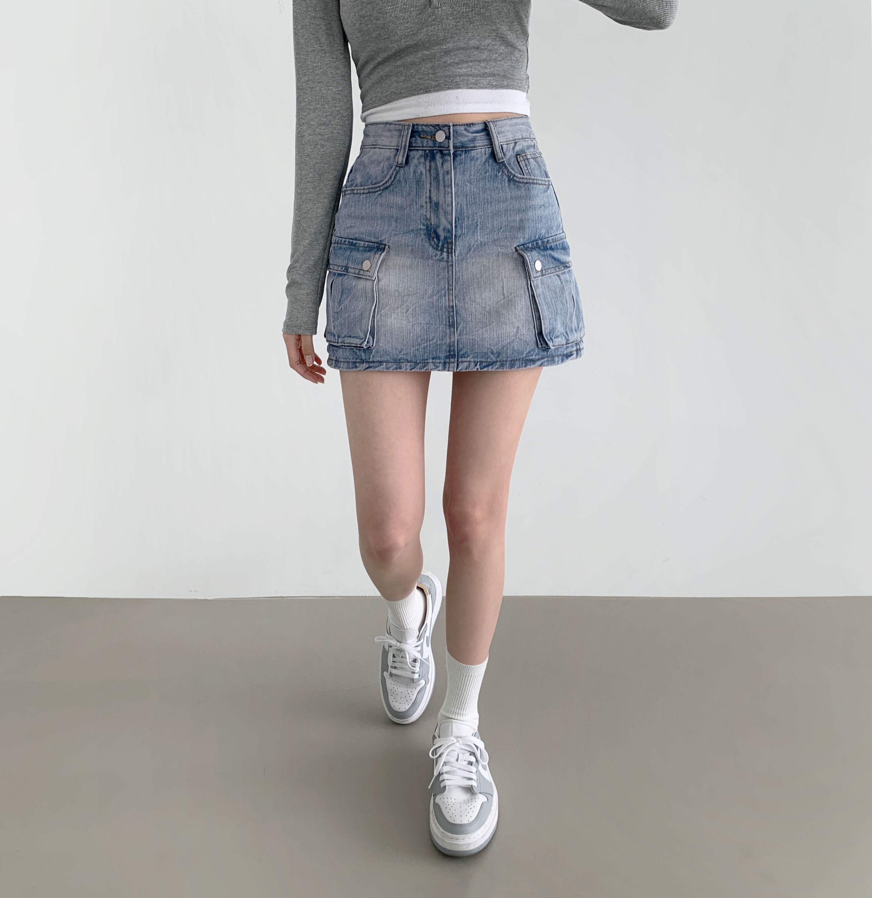 パンツ型裏地付き] カーゴポケットウォッシュミニデニムスカート
