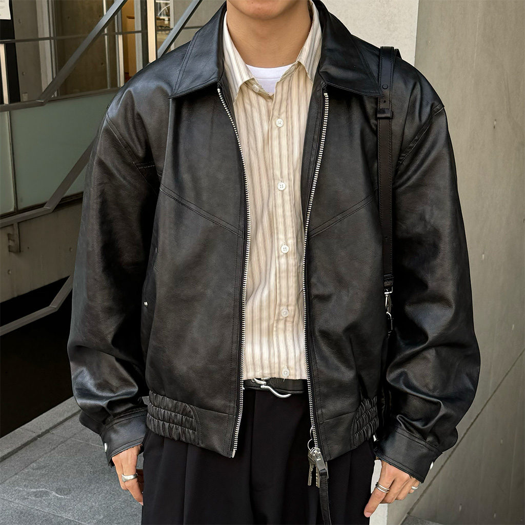 ヴィンテージクラックブルゾンエコレザージャケット | ファッション
