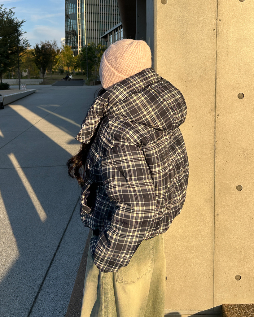 タータンチェックフードショートダウンジャケット | ファッション通販