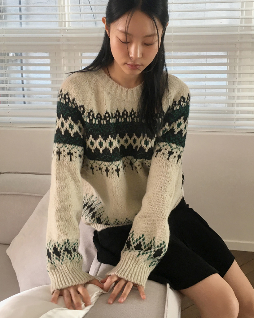 ヴィンテージノルディック柄ラウンド長袖ニット | ファッション通販