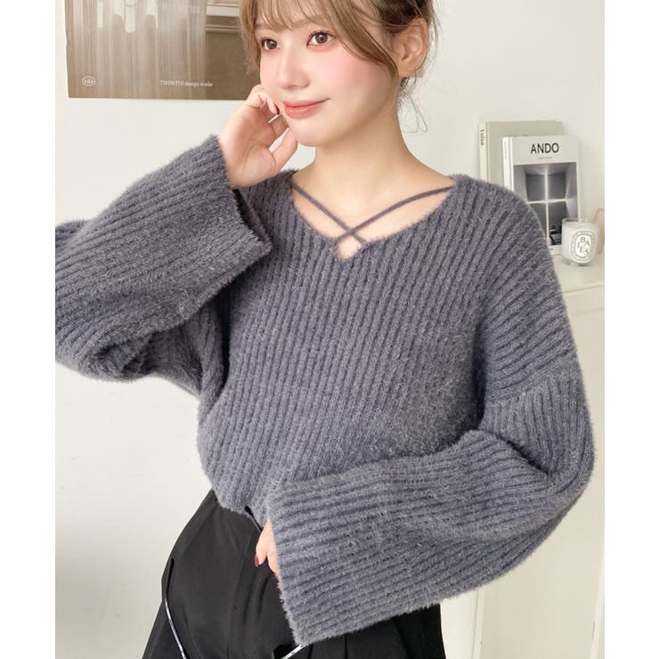 クロスネックシャギーニットプルオーバー[品番：ERMW0003980]｜moment+