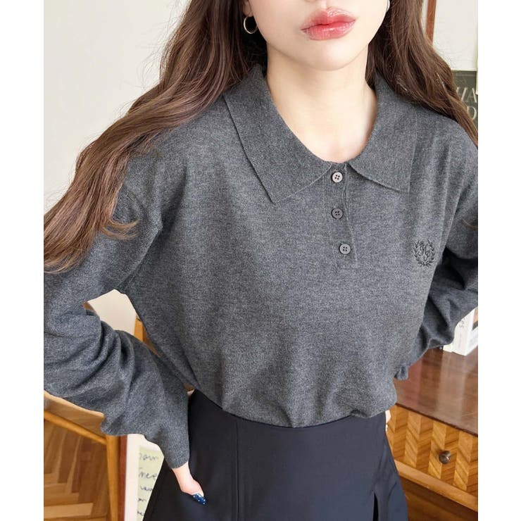 ワンポイント刺繍入り衿付きポロニット12G[品番：ERMW0004070